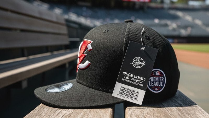 Close-up of fitted cap hangtag and embroidery highlighting licensed on-field authenticity