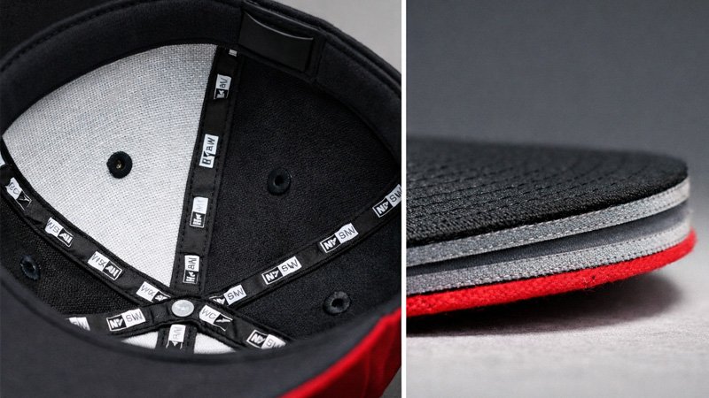 Inside view of structured fitted cap showing buckram, taping, sweatband, and stitching