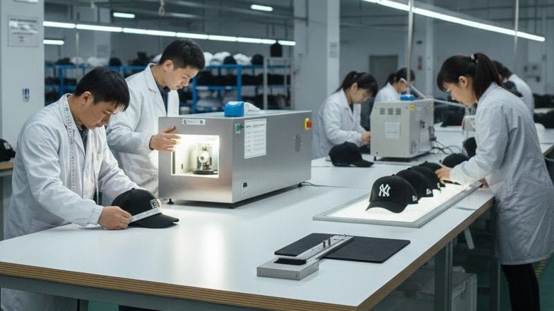 Quality control inspection of fitted caps measuring size consistency and stitching accuracy