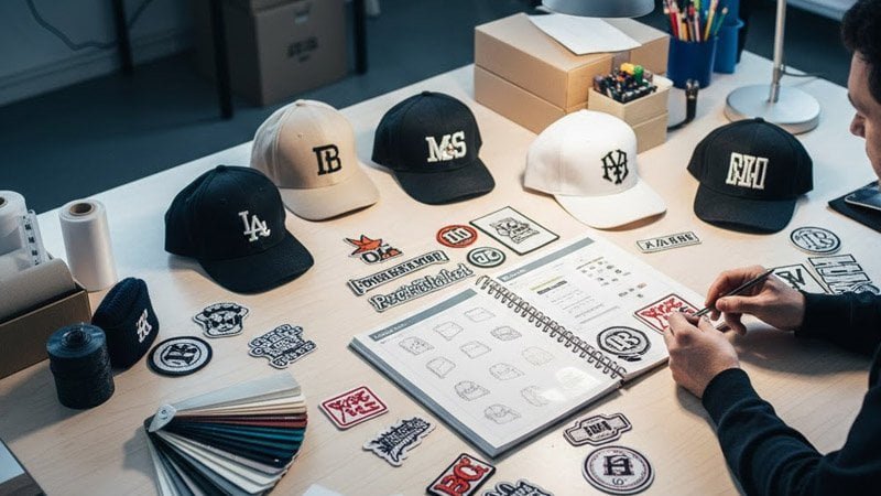 Hat product development desk with tech pack, sample caps, embroidery patches, and color swatches