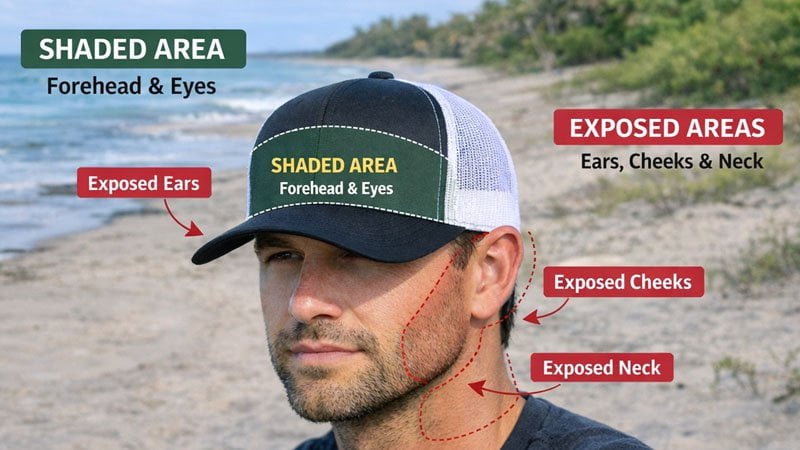 Close-up of a trucker hat showing the shaded forehead and eyes, with exposed ears and neck