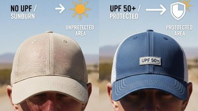 Comparison of a trucker hat made with mesh fabric vs UPF 50+ fabric showing different levels of UV protection