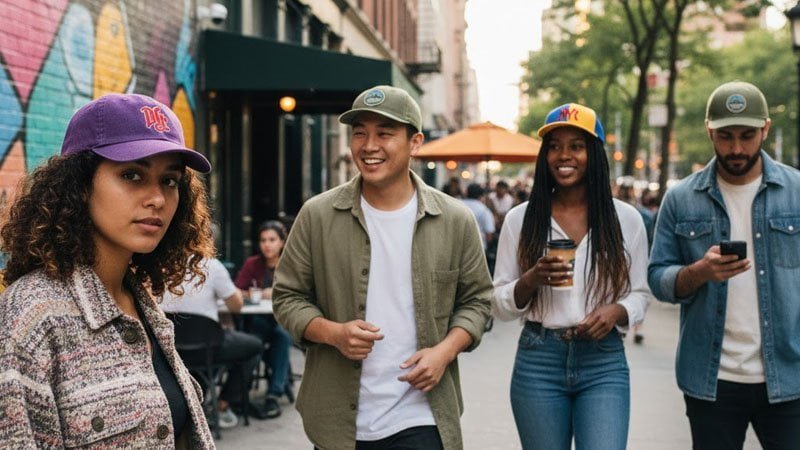 Group of individuals from diverse backgrounds wearing custom baseball caps at various events, showing the universal appeal of personalized headwear.