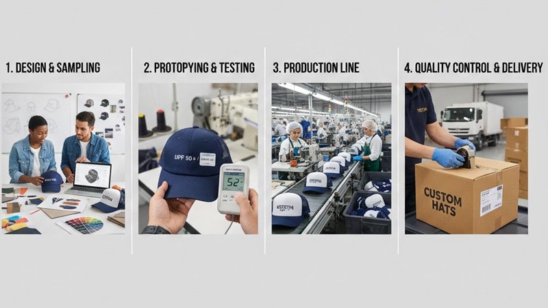 Custom trucker hat production process, from design sampling to mass production, showcasing OEM/ODM services for sun protection