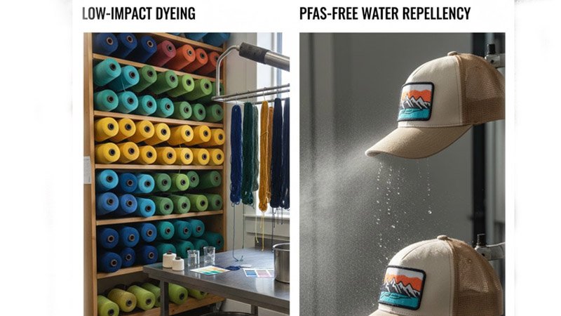 PFAS-free water repellent finish test on a performance cap with water beading on the fabric surface