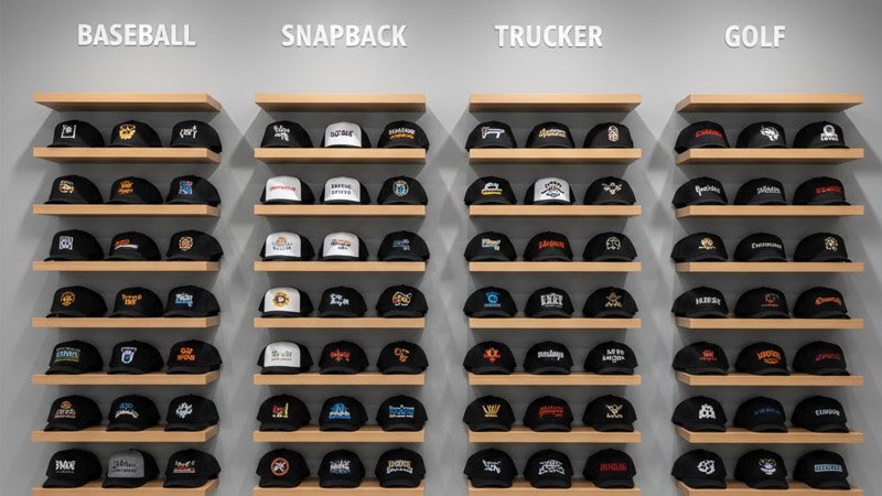 Custom hat styles lineup including baseball cap, snapback, trucker cap, bucket hat, dad hat, five panel cap, beanie and beret