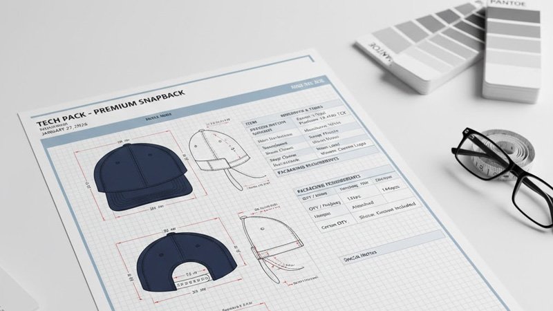 Snapback cap tech pack checklist with measurements, material specifications, logo placement, and packaging requirements