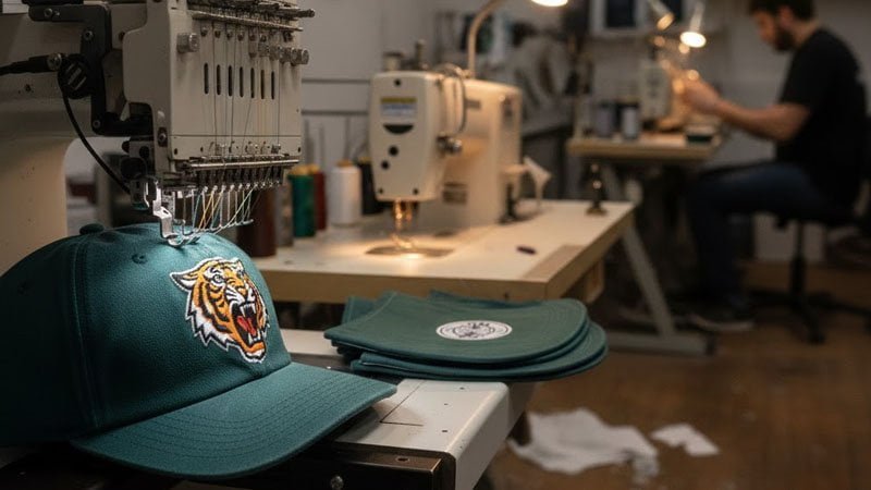 Client and designer collaborating on custom baseball cap designs, showcasing EASYLUCKY’s commitment to personalized service and quality.
