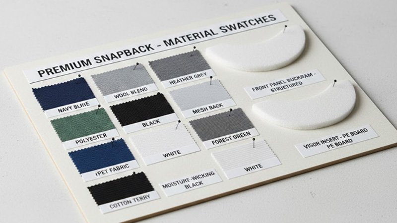 Snapback cap fabric and component swatches including cotton twill, wool blend, polyester, mesh, rPET, and buckram