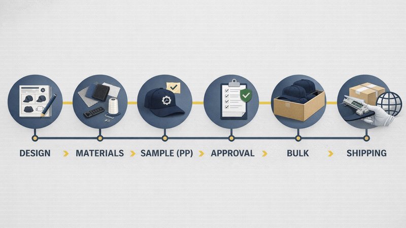 Snapback sampling and production timeline illustrating PP sample approval, bulk lead time, quality control, and shipping