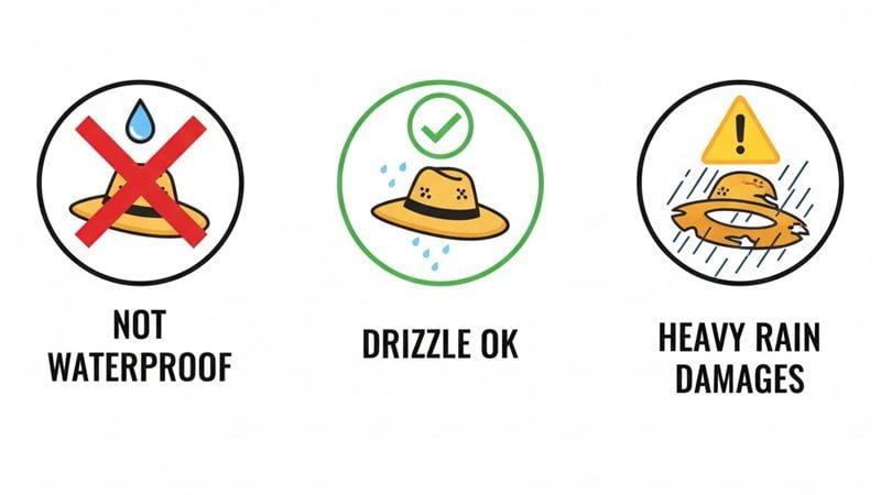 Infographic explaining straw hats are not waterproof and heavy rain can cause warping and stains