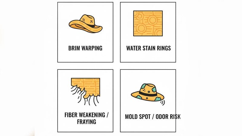 Four common moisture damages on straw hats: warping, staining, weakened weave, and mildew risk