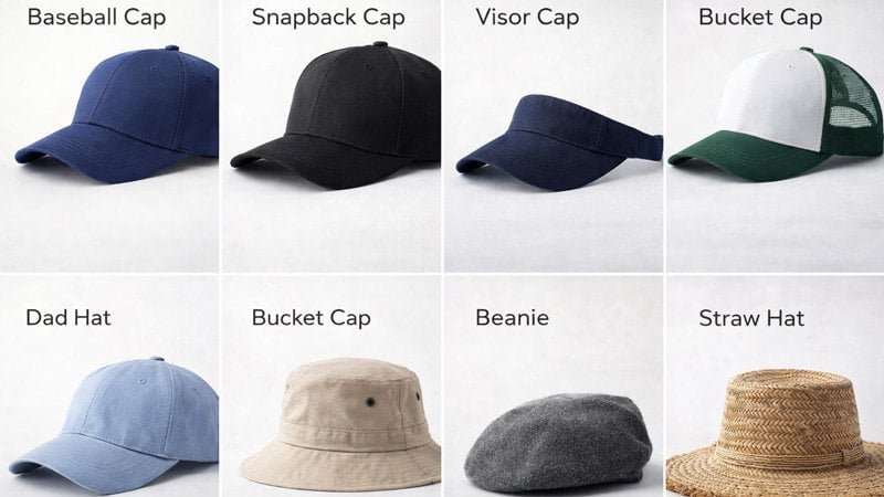 Full-category custom hats collage including baseball, snapback, trucker, bucket, beanie, beret, bump cap, and straw hat