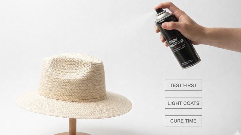 Applying a water-repellent spray to a straw hat in light coats to improve drizzle resistance