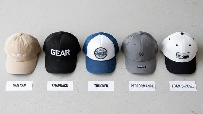 Comparison of wholesale baseball cap styles for promotions: dad cap, snapback, trucker, performance cap, and 5-panel foam cap