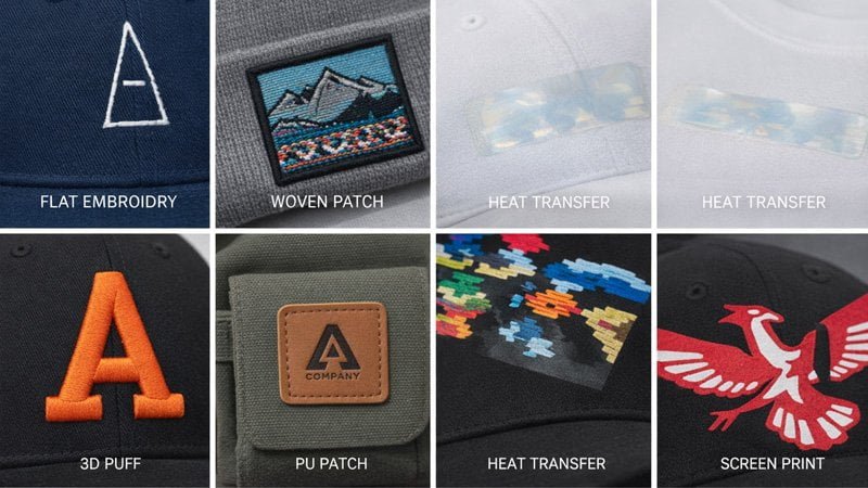 Custom hat decoration methods for wholesale baseball caps: flat embroidery, 3D puff embroidery, patches, heat transfer, and screen printing