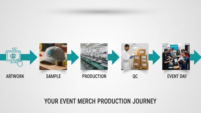Lead time timeline for custom wholesale baseball caps showing sampling, mass production, quality control, and shipping steps
