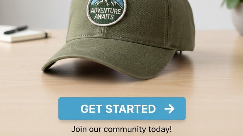Custom baseball cap featuring a logo with a 'Get Started' call-to-action, encouraging brands to create their unique headwear.