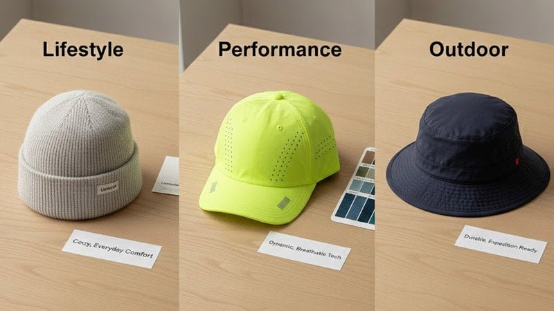 Three sustainable hat options by brand positioning: organic cotton lifestyle cap, rPET performance cap and hemp outdoor bucket hat