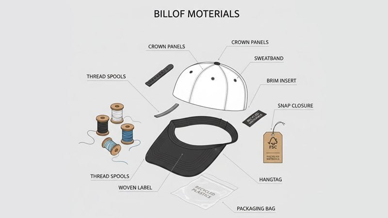 Sustainable hat bill of materials showing sweatband, buckle, brim insert, recycled threads, labels and FSC packaging components