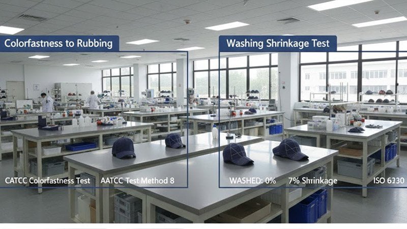 Hat quality testing for retail readiness including colorfastness, perspiration resistance, shrinkage control and embroidery durability