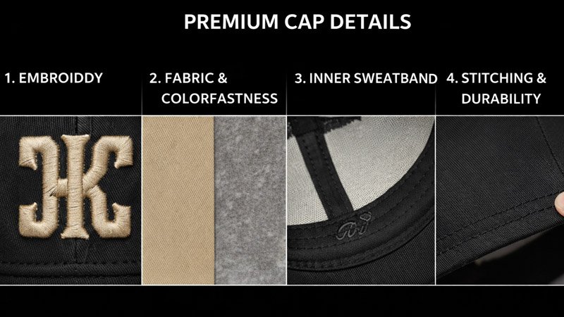 Premium baseball cap quality details showing clean embroidery, durable stitching, breathable fabric, and a comfortable sweatband