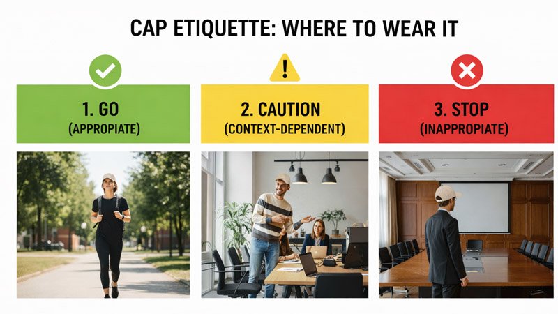 Backwards cap etiquette guide with green, yellow, and red light scenarios for different settings