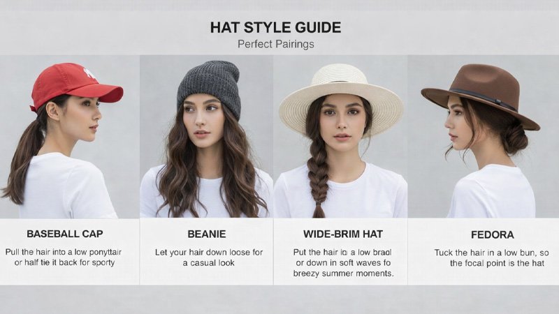 grid of best hat hairstyles for long hair by hat type baseball cap beanie wide brim hat and fedora