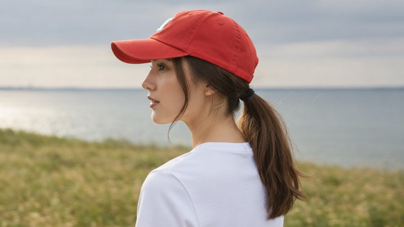 woman wearing a baseball cap with long hair in a low ponytail through the back opening