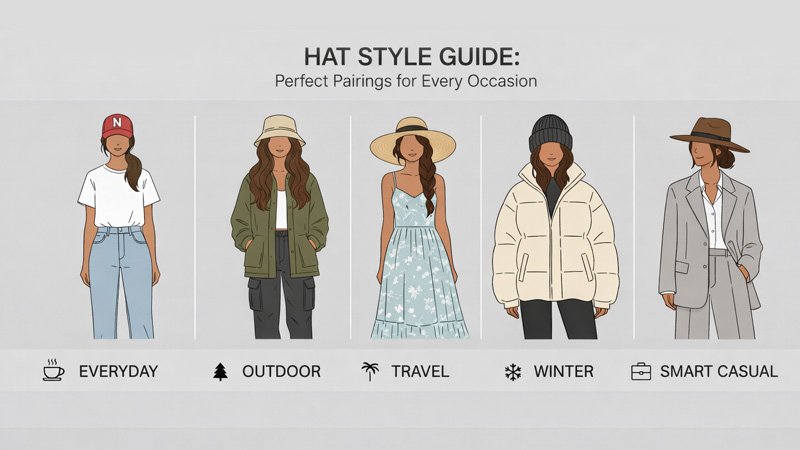 outfit collage showing hat and hairstyle combinations for long hair for everyday travel outdoor winter and smart casual occasions