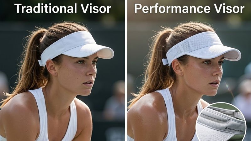 Traditional tennis visor and performance tennis visor styles showing lightweight design and airflow-focused construction