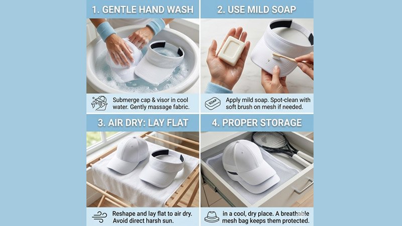 Proper care routine for tennis hats and visors including gentle washing, air drying, and shape-preserving storage