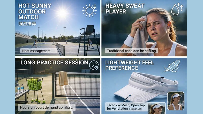 Tennis headwear recommendations for different playing conditions including hot sun, heavy sweating, and long practice sessions