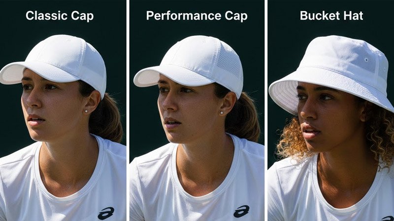 Different types of tennis hats including classic cap, lightweight performance cap, and bucket hat for sun protection