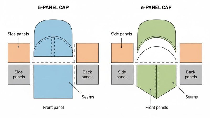 Diagram showing how cap panels form the crown, comparing 5-panel and 6-panel construction and seam layout.