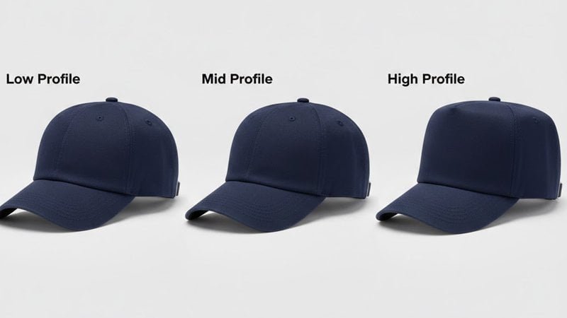 Side profile comparison of cap crown heights showing low, mid, and high profile builds and how they affect fit and silhouette.