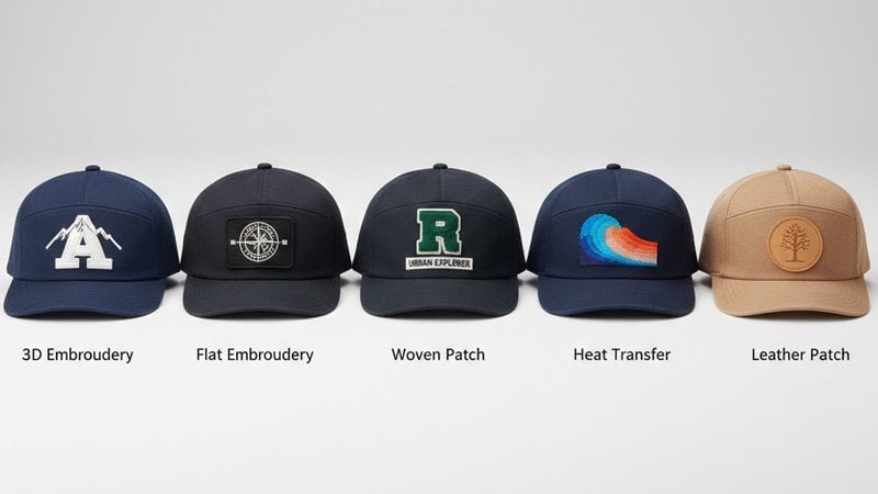 Custom cap branding examples showing 3D embroidery, flat embroidery, woven patch, heat transfer, and leather patch on cap front panels.