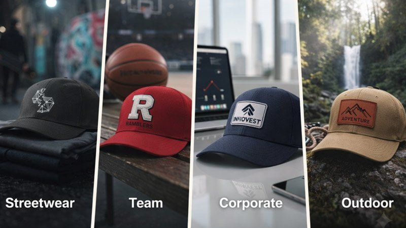 Four use-case examples of custom caps for streetwear drops, sports teams, corporate merchandise, and outdoor workwear branding.