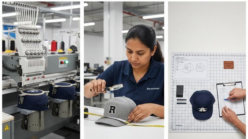 OEM/ODM cap sampling and quality control process showing embroidery inspection and logo placement measurement.