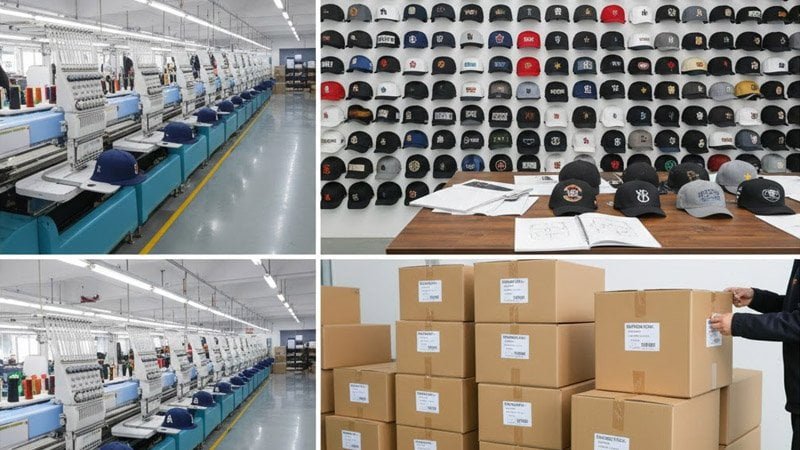 GUANGZHOU EASTLUCKY OEM/ODM custom hat manufacturing showing R&D sampling and embroidery production capabilities.