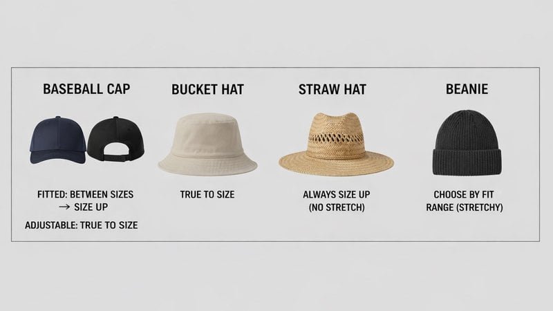 Sizing rules by hat type showing baseball cap, bucket hat, straw hat and beanie with guidance for choosing the right size