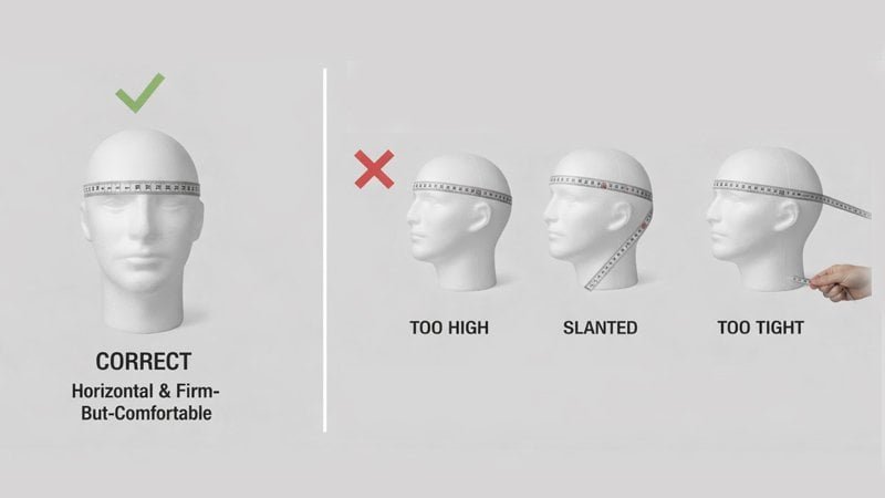 Common hat measurement mistakes showing incorrect tape placement too high, slanted, or too tight compared with correct level measurement