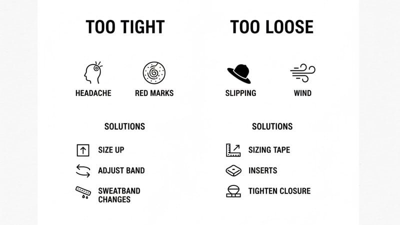 Hat fit troubleshooting guide comparing too tight versus too loose symptoms and solutions like sizing tape, inserts and adjusting the band