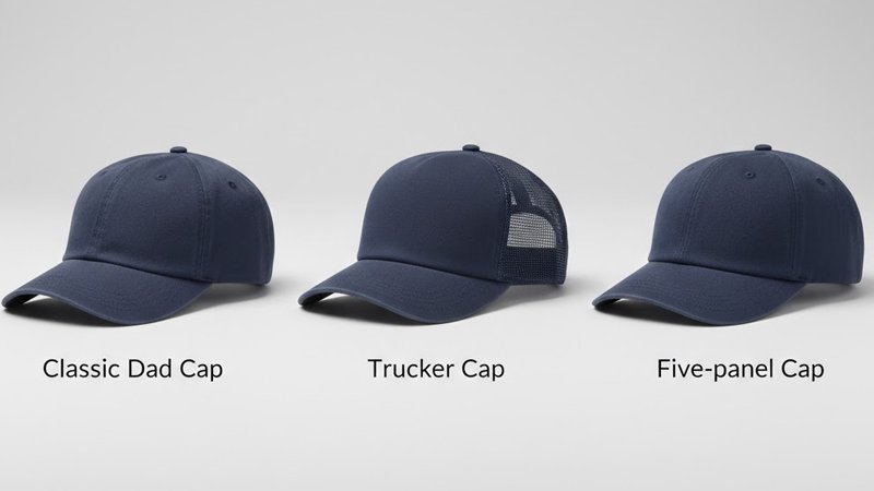 comparison of classic dad hat trucker dad hat and five panel dad hat for wholesale buyers 
