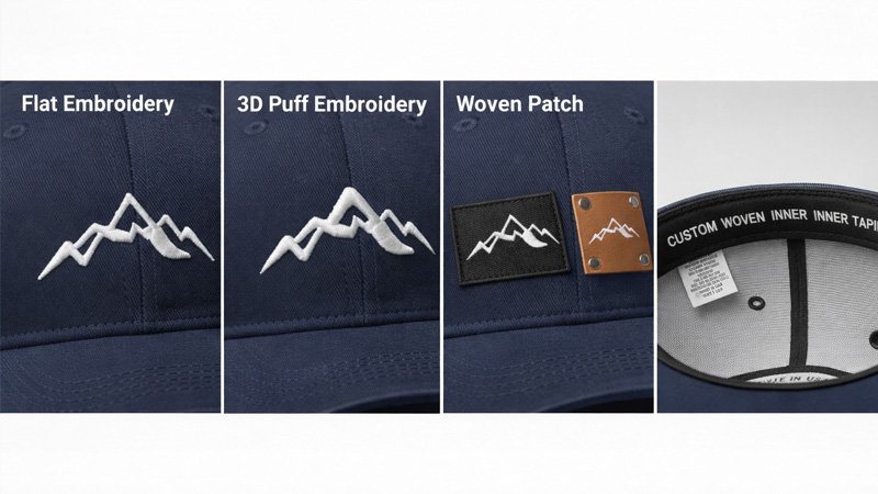 custom dad hat branding options including flat embroidery 3D puff embroidery woven patch and inner taping