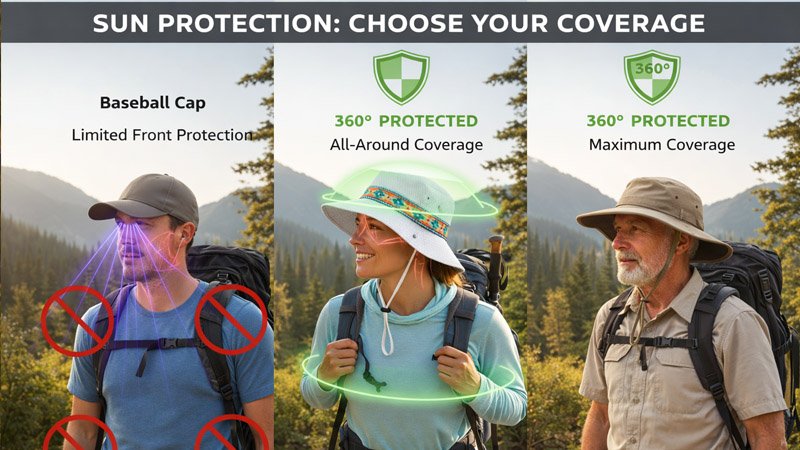Comparison of sun bucket hat versus other hat types showing full sun coverage