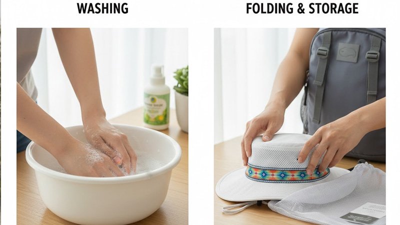 Hand washing and proper storage of a sun bucket hat to maintain shape and durability