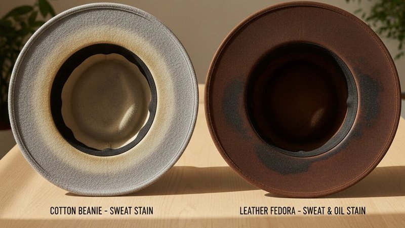 Comparison of sweat stains on cotton and leather custom hats, showing yellow and brown discoloration caused by perspiration.
