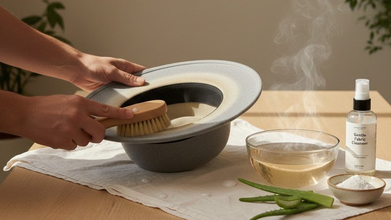 Cleaning a cotton custom hat with a soft brush and mild soap solution to remove sweat stains.