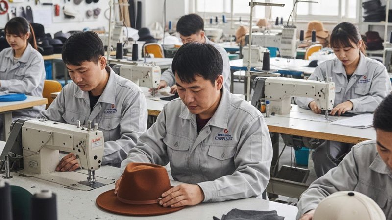 GUANGZHOU EASTLUCKY team working on custom hat production, showcasing quality manufacturing and expertise.